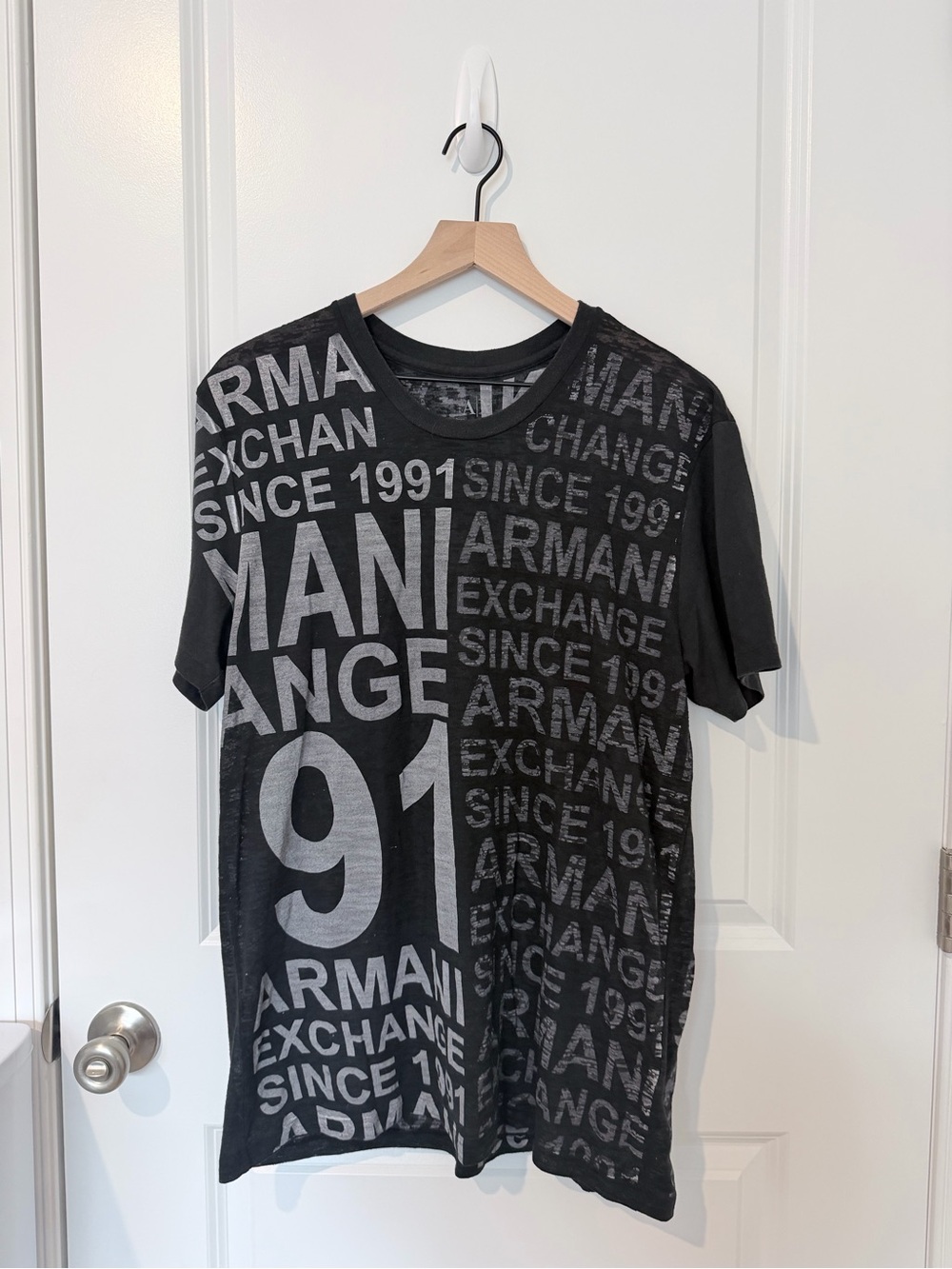 Armani Exchange Black Tee with Grey All-Over Logo '91' Graphic
